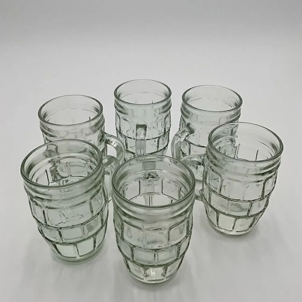 VINTAGE 70’s Green Glass Barrel Mugs Set of 6